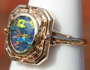 RARE Antique 1920's Art Deco Natural Opal & Persian Turquoise 10k Solid Gold Cocktail Flip Ring