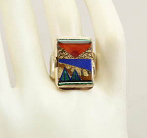 Antique 1920's Art Deco Natural Jasper Carnelian Lapis Onyx Malachite Inlay 10k Solid Gold Mens Ring