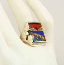 Load image into Gallery viewer, Antique 1920&#39;s Art Deco Natural Jasper Carnelian Lapis Onyx Malachite Inlay 10k Solid Gold Mens Ring