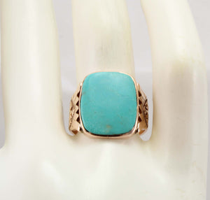 Antique Victorian RARE Natural Persian Turquoise Engraved 14k Solid Rose Gold Ladies Cocktail Ring