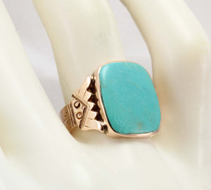 Antique Victorian RARE Natural Persian Turquoise Engraved 14k Solid Rose Gold Ladies Cocktail Ring