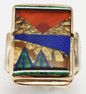 Antique 1920's Art Deco Natural Jasper Carnelian Lapis Onyx Malachite Inlay 10k Solid Gold Mens Ring