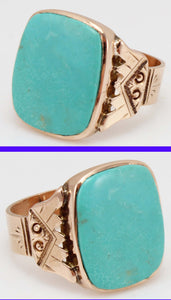 Antique Victorian RARE Natural Persian Turquoise Engraved 14k Solid Rose Gold Ladies Cocktail Ring