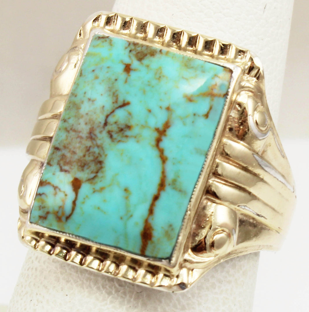 Antique 1920's Art Deco Natural RARE COLLAPSED OMATRIX Kingman Turquoise Silver & 10k Gold Mens Ring