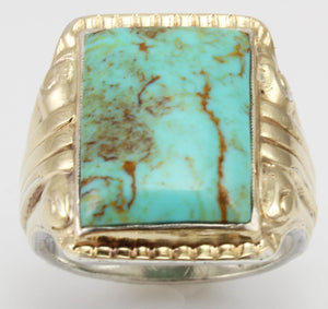 Antique 1920's Art Deco Natural RARE COLLAPSED OMATRIX Kingman Turquoise Silver & 10k Gold Mens Ring