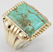 Load image into Gallery viewer, Antique 1920&#39;s Art Deco Natural RARE COLLAPSED OMATRIX Kingman Turquoise Silver &amp; 10k Gold Mens Ring