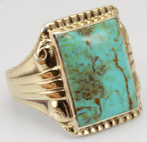 Antique 1920's Art Deco Natural RARE COLLAPSED OMATRIX Kingman Turquoise Silver & 10k Gold Mens Ring