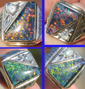 Antique 1920's Art Deco LARGE RARE Black Natural Opal & 1/3ct Diamond 10k Solid Gold Men's Ring