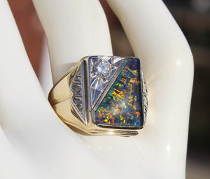 Antique 1920's Art Deco LARGE RARE Black Natural Opal & 1/3ct Diamond 10k Solid Gold Men's Ring