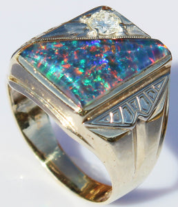 Antique 1920's Art Deco LARGE RARE Black Natural Opal & 1/3ct Diamond 10k Solid Gold Men's Ring