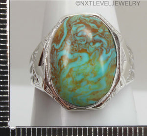 Antique Natural RARE COLLAPSED SWIRLING ORANGE MATRIX Kingman Mine Turquoise Silver Men's Ring