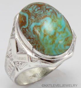 Antique Natural RARE COLLAPSED SWIRLING ORANGE MATRIX Kingman Mine Turquoise Silver Men's Ring