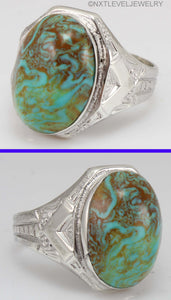 Antique Natural RARE COLLAPSED SWIRLING ORANGE MATRIX Kingman Mine Turquoise Silver Men's Ring