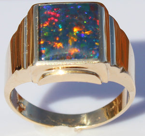 Antique 1920's Art Deco RAINBOW RARE Black Natural Opal 10k Solid Yellow Gold Men's Ring