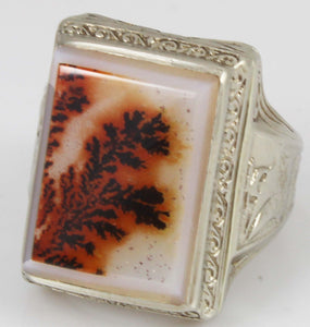 Antique 1920's Art Deco LARGE RARE COLORFUL Natural Dendritic Agate 10k Solid White Gold Men's Ring