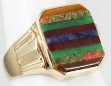 Load image into Gallery viewer, Antique 1920&#39;s Art Deco Chrysoprase Sodalite Unakite Tiger Eye RARE Inlay 10k Solid Gold Men&#39;s Ring