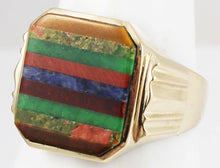 Load image into Gallery viewer, Antique 1920&#39;s Art Deco Chrysoprase Sodalite Unakite Tiger Eye RARE Inlay 10k Solid Gold Men&#39;s Ring