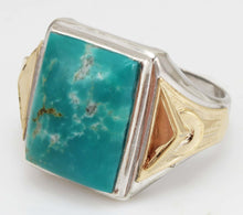 Load image into Gallery viewer, Vintage 1940&#39;s Ostby &amp; Barton Natural RARE Nevada Fox Mine Turquoise Silver &amp; 10k Gold Men&#39;s Ring