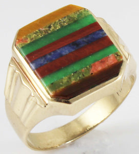 Antique 1920's Art Deco Chrysoprase Sodalite Unakite Tiger Eye RARE Inlay 10k Solid Gold Men's Ring