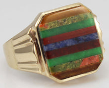 Load image into Gallery viewer, Antique 1920&#39;s Art Deco Chrysoprase Sodalite Unakite Tiger Eye RARE Inlay 10k Solid Gold Men&#39;s Ring