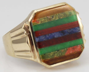 Antique 1920's Art Deco Chrysoprase Sodalite Unakite Tiger Eye RARE Inlay 10k Solid Gold Men's Ring