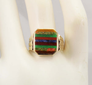 Antique 1920's Art Deco Chrysoprase Sodalite Unakite Tiger Eye RARE Inlay 10k Solid Gold Men's Ring