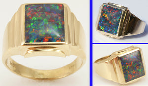 Antique 1920's Art Deco RAINBOW RARE Black Natural Opal 10k Solid Yellow Gold Men's Ring