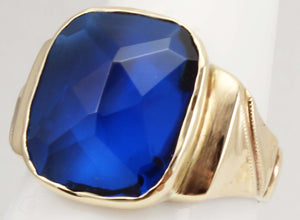 Antique Art Deco Budlong Docherty & Armstrong LARGE Cushion Cut Blue Spinel 10k Solid Gold Mens Ring