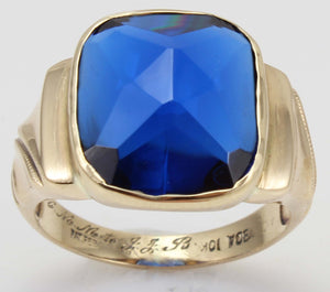 Antique Art Deco Budlong Docherty & Armstrong LARGE Cushion Cut Blue Spinel 10k Solid Gold Mens Ring