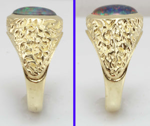 Vintage 1940's BRIGHT RAINBOW RARE Black Natural Oval Opal 10k Solid Yellow Gold Men's Ring