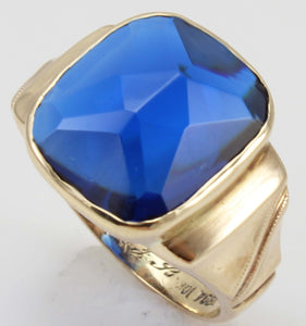 Antique Art Deco Budlong Docherty & Armstrong LARGE Cushion Cut Blue Spinel 10k Solid Gold Mens Ring