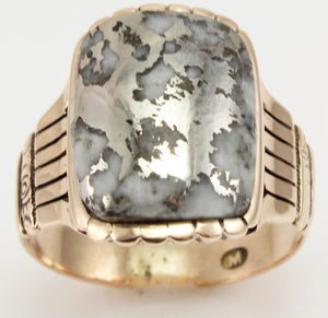 Antique Victorian RARE Natural Silver Ore in Quartz Hand Engraved 14k Solid Rose Gold Men's Ring