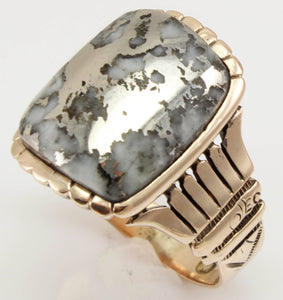 Antique Victorian RARE Natural Silver Ore in Quartz Hand Engraved 14k Solid Rose Gold Men's Ring