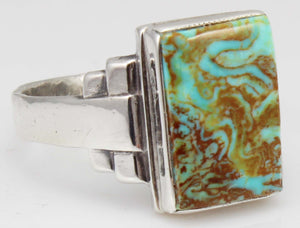 Antique 1920's Art Deco Ostby & Barton Natural RARE  MATRIX Kingman Turquoise Solid Silver Mens Ring