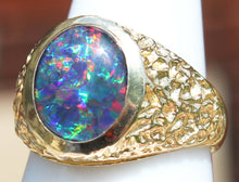 Load image into Gallery viewer, Vintage 1940&#39;s BRIGHT RAINBOW RARE Black Natural Oval Opal 10k Solid Yellow Gold Men&#39;s Ring