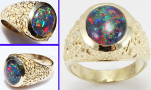 Vintage 1940's BRIGHT RAINBOW RARE Black Natural Oval Opal 10k Solid Yellow Gold Men's Ring