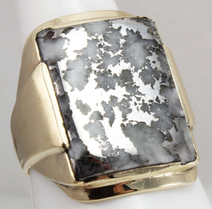 HEAVY Antique 1930's Late Period Art Deco RARE Natural Silver in Quartz 10k Solid Gold Men's Ring