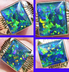 Vintage 1940's SIGNED GREEN/BLUE/PURPLE RARE Black Natural Opal 10k Solid Yellow Gold Men's Ring