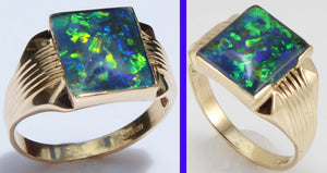 Vintage 1940's SIGNED GREEN/BLUE/PURPLE RARE Black Natural Opal 10k Solid Yellow Gold Men's Ring