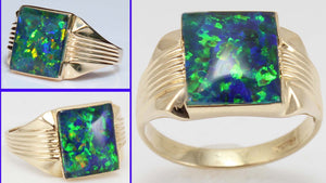 Vintage 1940's SIGNED GREEN/BLUE/PURPLE RARE Black Natural Opal 10k Solid Yellow Gold Men's Ring