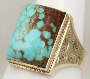 Antique 1920's Art Deco RARE Natural #8 Mine Nevada Turquoise Hand Engraved 10k Solid Gold Mens Ring