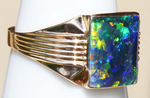 Vintage 1940's SIGNED GREEN/BLUE/PURPLE RARE Black Natural Opal 10k Solid Yellow Gold Men's Ring