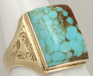 Antique 1920's Art Deco RARE Natural #8 Mine Nevada Turquoise Hand Engraved 10k Solid Gold Mens Ring