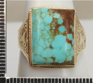 Antique 1920's Art Deco RARE Natural #8 Mine Nevada Turquoise Hand Engraved 10k Solid Gold Mens Ring