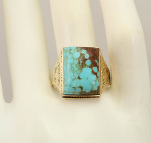 Antique 1920's Art Deco RARE Natural #8 Mine Nevada Turquoise Hand Engraved 10k Solid Gold Mens Ring