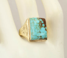 Load image into Gallery viewer, Antique 1920&#39;s Art Deco RARE Natural #8 Mine Nevada Turquoise Hand Engraved 10k Solid Gold Mens Ring