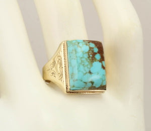 Antique 1920's Art Deco RARE Natural #8 Mine Nevada Turquoise Hand Engraved 10k Solid Gold Mens Ring