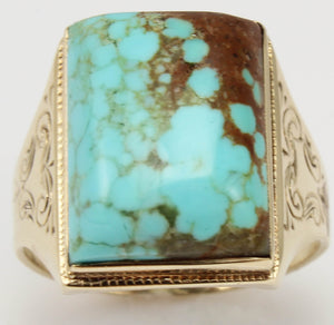 Antique 1920's Art Deco RARE Natural #8 Mine Nevada Turquoise Hand Engraved 10k Solid Gold Mens Ring