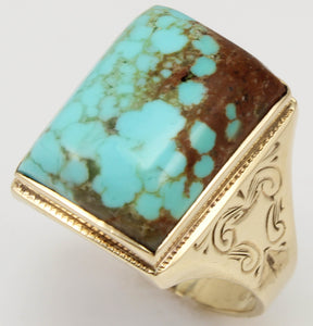 Antique 1920's Art Deco RARE Natural #8 Mine Nevada Turquoise Hand Engraved 10k Solid Gold Mens Ring