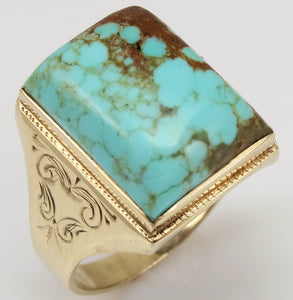 Antique 1920's Art Deco RARE Natural #8 Mine Nevada Turquoise Hand Engraved 10k Solid Gold Mens Ring